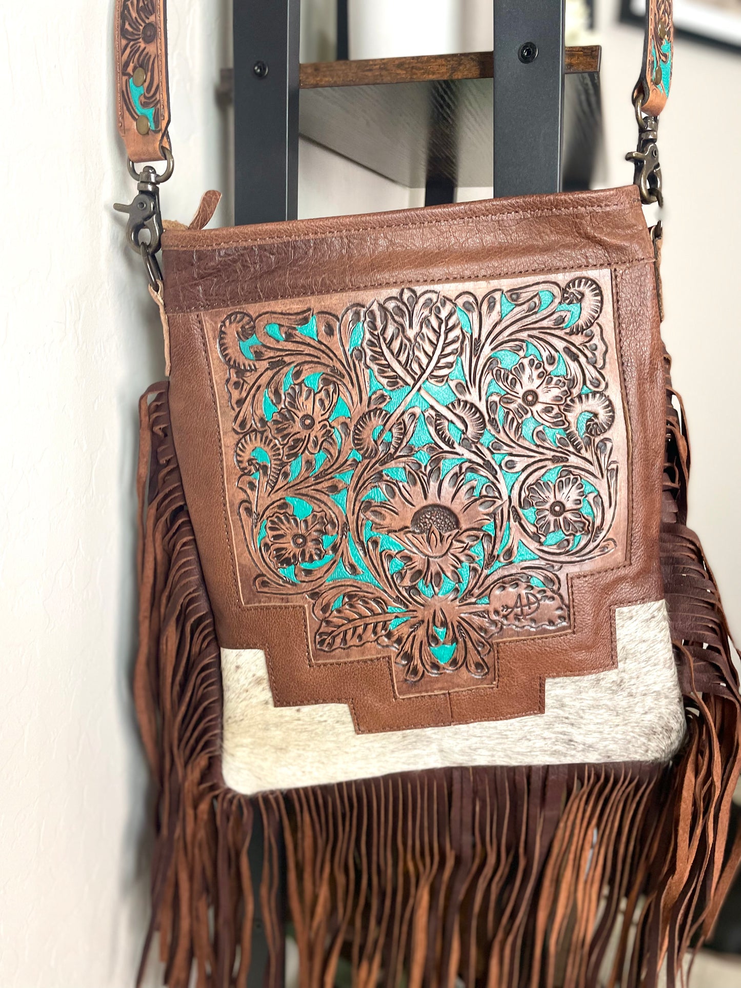 Country Turquoise Floral Tooled Fringe Leather Handbag