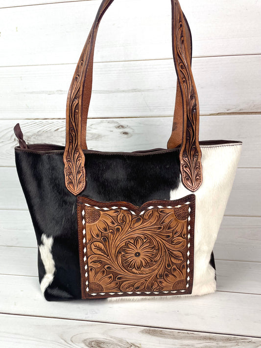 Cowhide Tote with Front Leather Sunflower Tooled Pocket