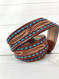 Brown Feather Tooled Leather Handbag Strap with Blue Buckstitch