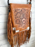 Country Hide & Tan Leather Floral Tooled Fringe Handbag