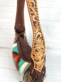Turquoise Orange Diamond Wool Pattern Hobo Leather Fringe Handbag
