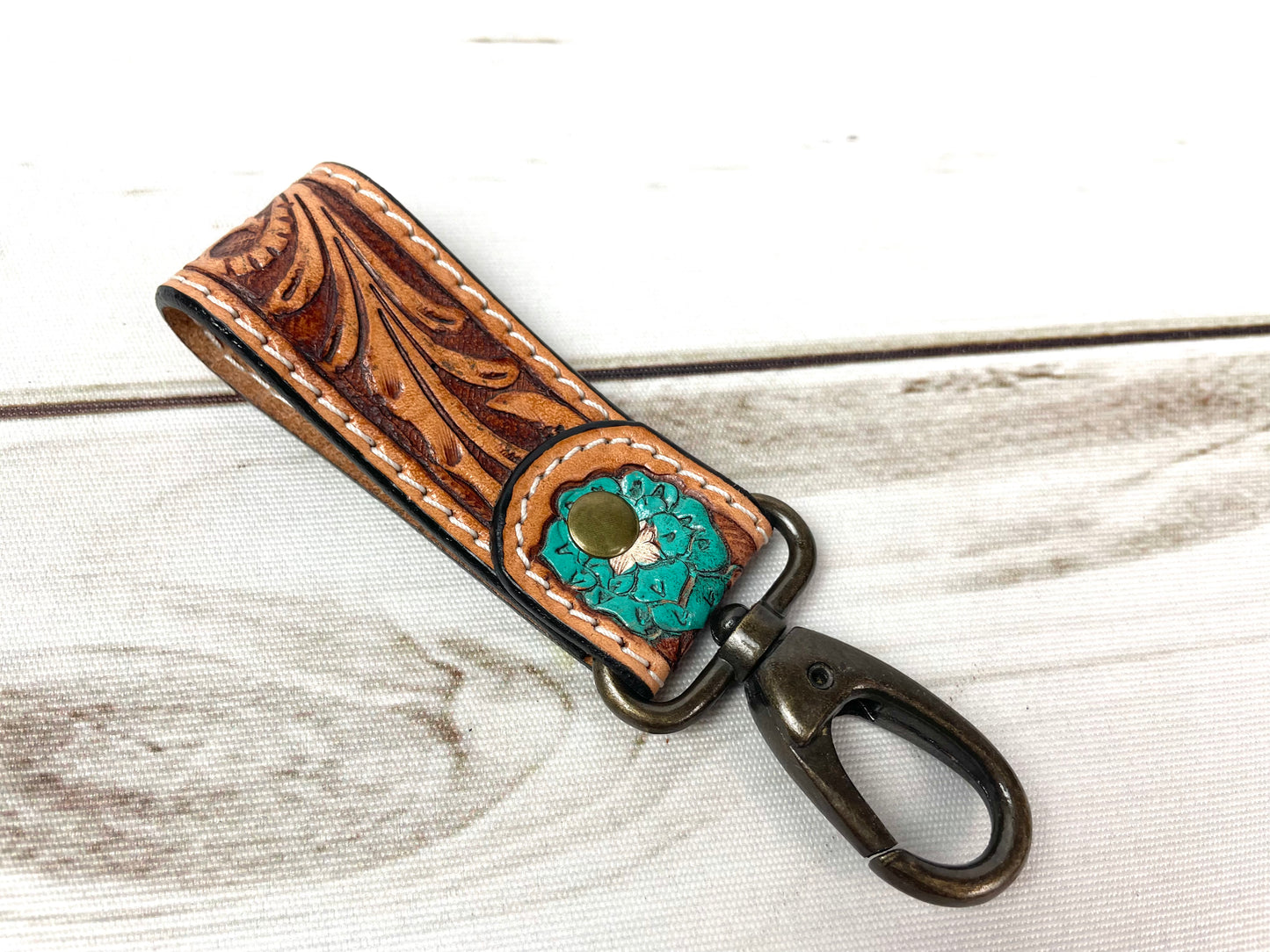 Tooled Leather Tab Key Fob