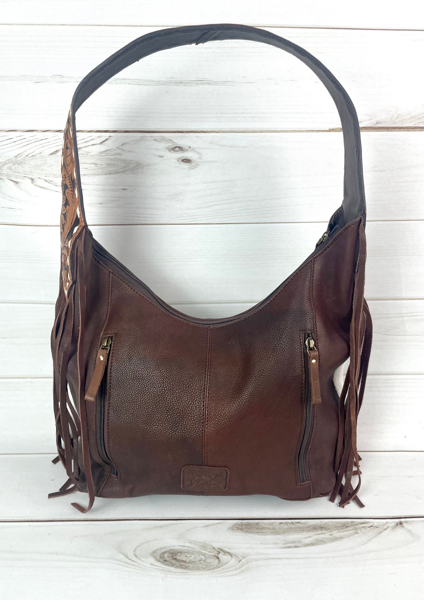 Cream, Tan Mutli Colored Wool Pattern Hobo Leather Fringe Handbag