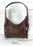 Cream, Tan Mutli Colored Wool Pattern Hobo Leather Fringe Handbag