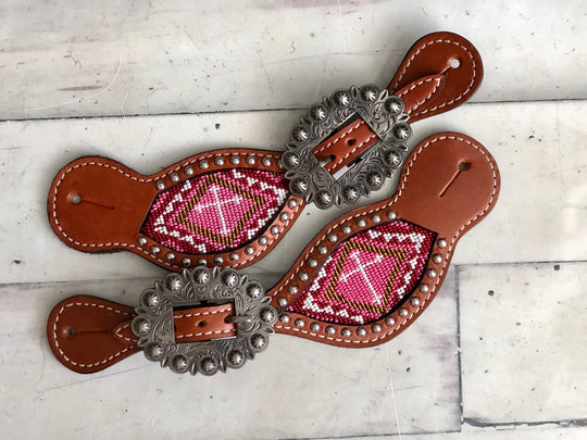 Pink Cross Beaded Inset Spur Straps