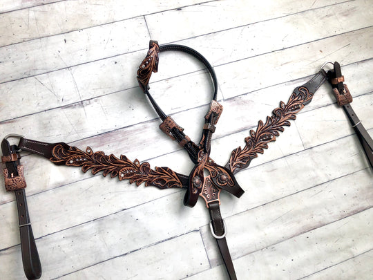 Tooled Roughout Dark To Light Distressed Leather Feather W/ Copper Accents