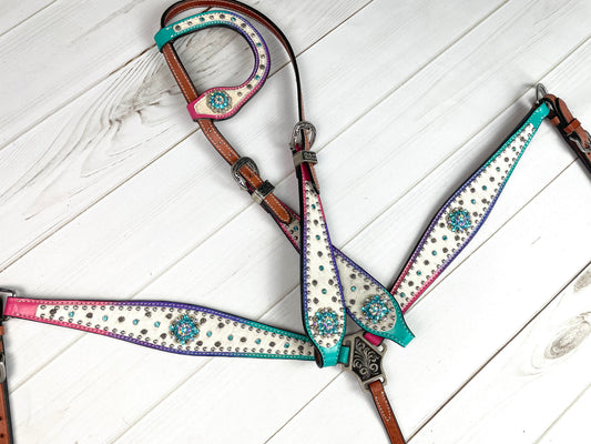Ombre Pink, Purple, Teal Leather Hide Tack Set