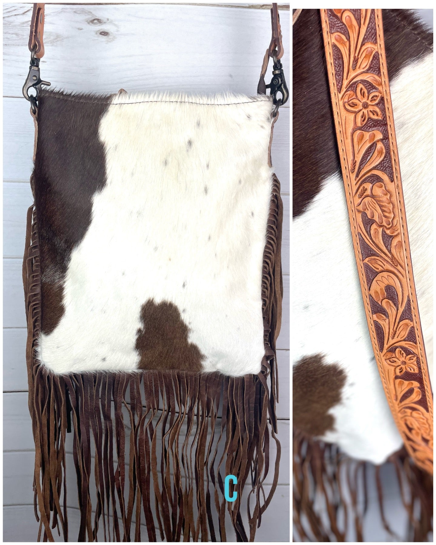 Brown & White Cowhide Fringe Crossbody Bag