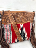 Red and Black Diamond Pattern Wool & Leather Tooled Crossbody Handbag