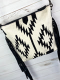 Aztec Patterned Cream and Black Wool Leather Tooled Fringe Bag