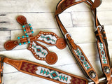 Teal and White Beaded Leather Spur Straps