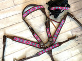 Fuchsia Pink and Blue Beaded Tack Set on Chocolate Leather