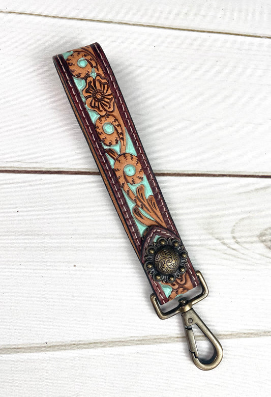 Mint/Aqua Painted Tooled Wristlet Leather Keychain