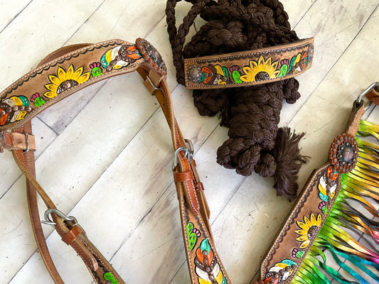 Sunflower Feather Leather Band Muletape Halter