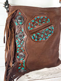 Sale!! La Paz Brown Leather Turquoise Painted Pocket Side Fringe Bag