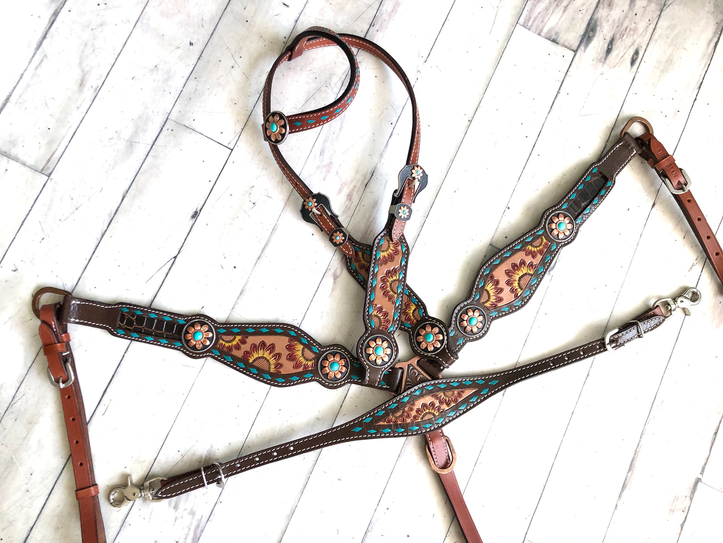 Sunflower Tooled Painted Inset Teal Buckstitch Tack Set