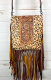 Pecos Leopard Pattern on Hide Leather Tooled Fringe Large Crossbody Bag