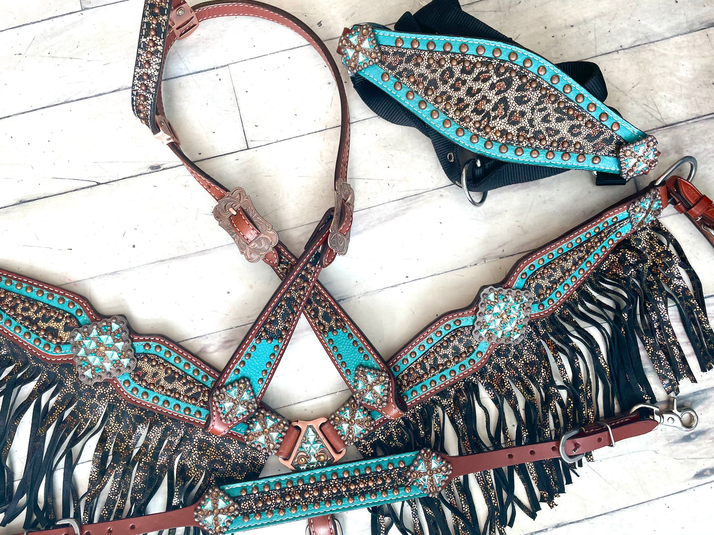 Teal Metallic Cheetah Fringe Tack Set