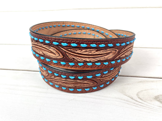Brown Feather Tooled Leather Handbag Strap with Blue Buckstitch