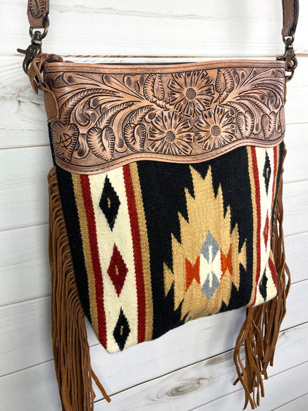 Black and Tan Wool Diamond Pattern Fringe Handbag