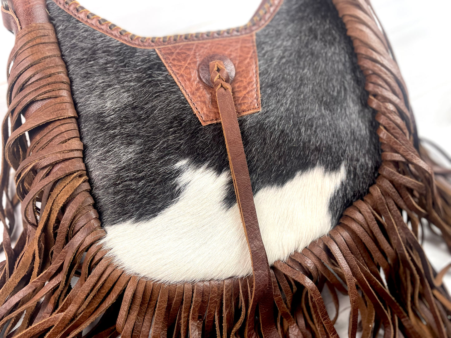Brown Hide & Leather Boho Crossbody Long Fringe Bag