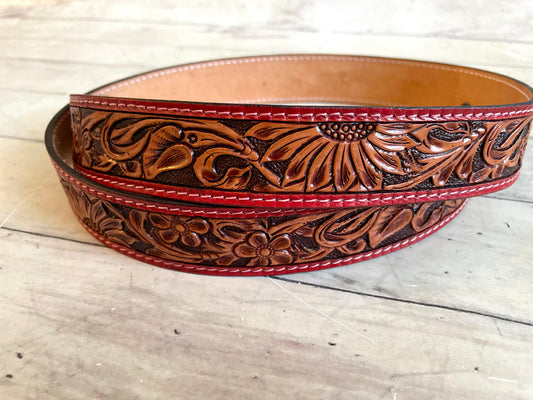 Red Border Sunflower Tooled Leather Handbag Strap