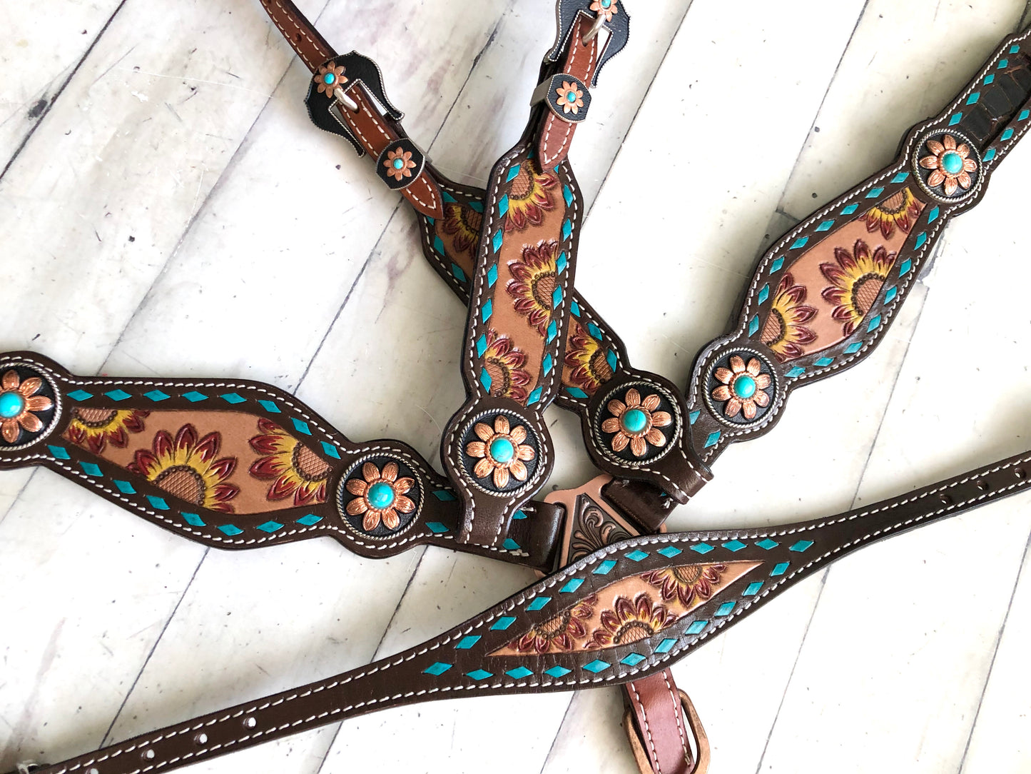 Sunflower Tooled Painted Inset Teal Buckstitch Tack Set