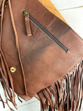 Tombstone Feather Tooled Band Leather Flap Fringe Crossbody Bag