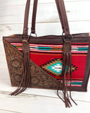 Red & Turquoise Wool with Tooled Leather Swatch Large Tote Bag