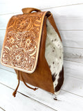 Tooled Distressed Leather Large Backpack with Hide on sides