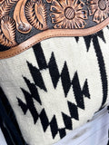 Aztec Patterned Cream and Black Wool Leather Tooled Fringe Bag
