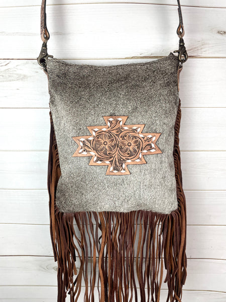 Grey Hair on Hide Leather Tooled Patch Crossbody Bag with Fringe