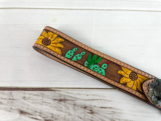 Sunflower Cactus Tooled Wristlet Leather Keychain