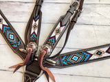 Blue, Gold and White Beaded Dark Leather Tack Set