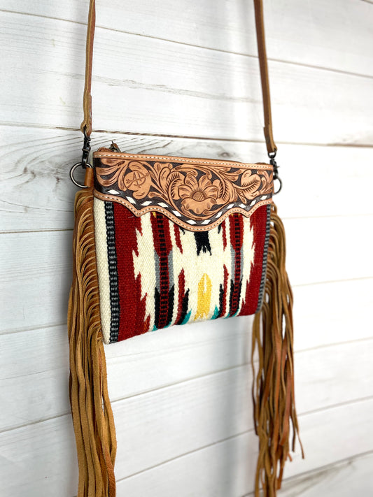 Serape Red Wool, Leather Tooled Fringe Med. Bag