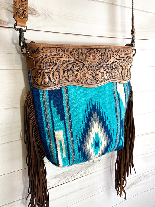 Blue Grey Diamond Wool & Leather Bag