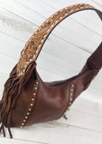 Brown Leather Studded Hobo Fringe Tooled Handbag