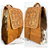 Tooled Distressed Leather Large Backpack with Hide on sides