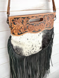 CLEARANCE! Black & Cream Hide - Round Tooled Handle Fringe Crossbody Handbag