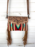 Ajo Red Wool & Floral Tooled Leather Fringe Bag