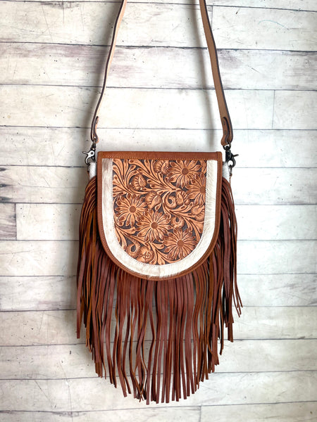 Tan Floral Tooled Saddle Bag Style Carryall Fringe Handbag