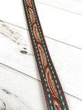 Brown Feather Handbag Strap with Turquoise Buckstitch