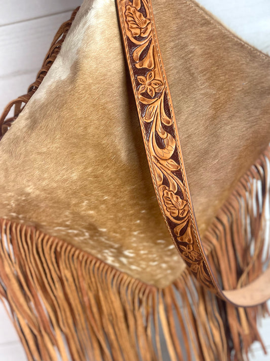 Tan Hide Crossbody Bag & Tan Fringe