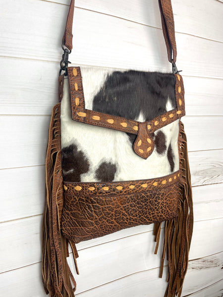 CLEARANCE! Brown & White Hide Tan Buckstitch Weathered Leather Crossbody Bag