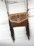Leather Scroll Tooled Envelope Bag with Teal Stone