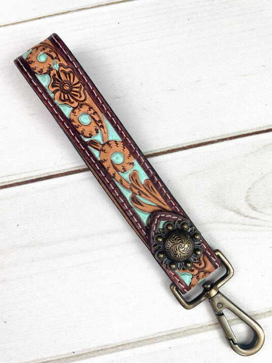 Mint/Aqua Painted Tooled Wristlet Leather Keychain