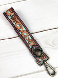 Mint/Aqua Painted Tooled Wristlet Leather Key Fob