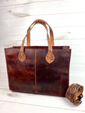 Distressed Leather Floral Bloom Tooled Large Tote Bag