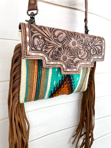 Ajo Turquoise and Orange Wool & Floral Tooled Leather Fringe Bag