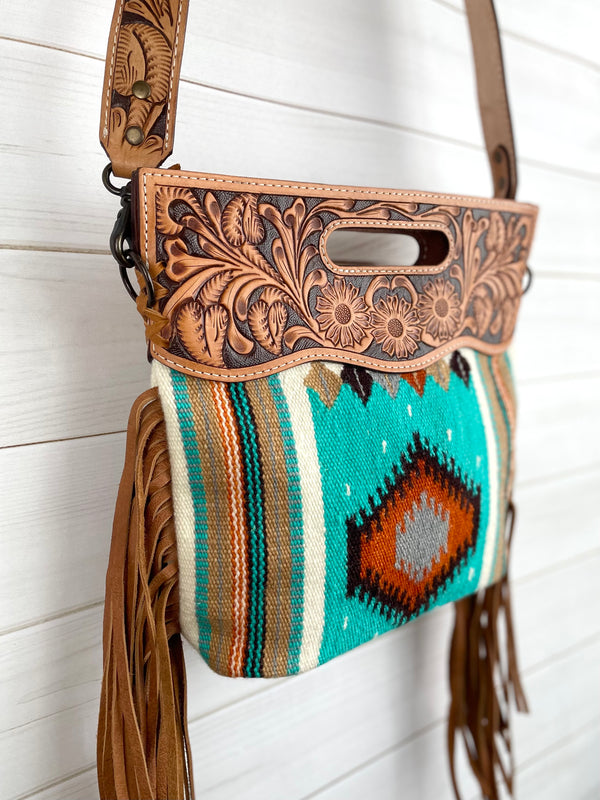 Turquoise Orange Neutral Diamond Pattern Wool Leather Fringe Bag